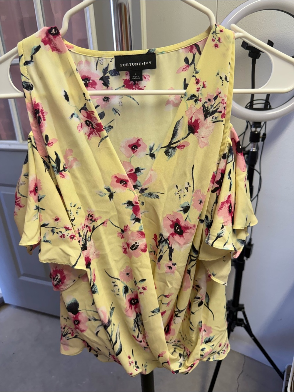 Fortune + Ivy Yellow Floral Cold-Shoulder Wrap Top